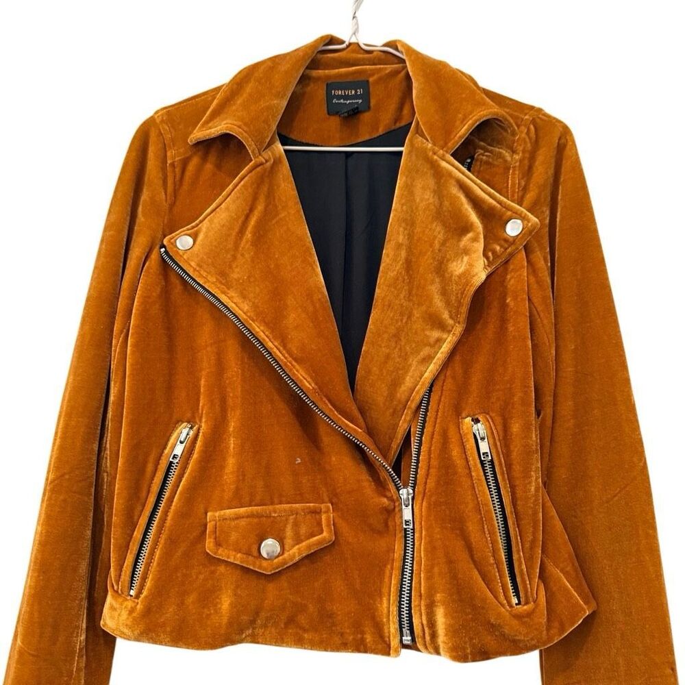 Vintage Forever 21 Contemporary Velvet Asymmetrical Zip Yellow Gold Moto Jacket